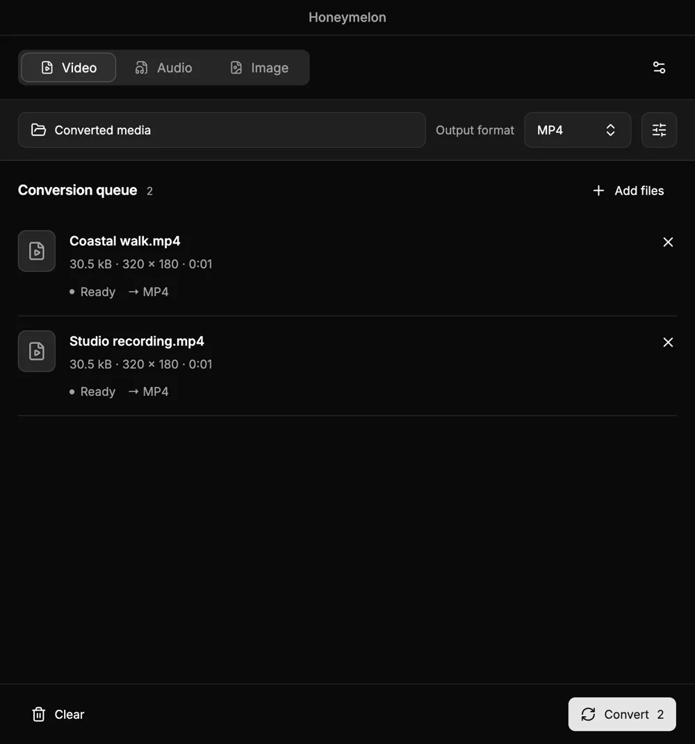 Honeymelon 3.0 beta desktop conversion queue in dark mode