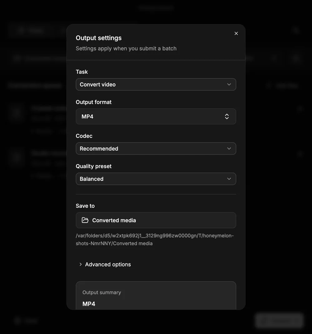 Honeymelon 3.0 beta format, quality and destination settings